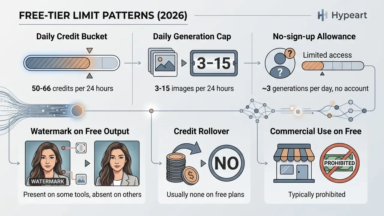 Infographic detailing six common constraints for free generative tool usage including credit and output limits