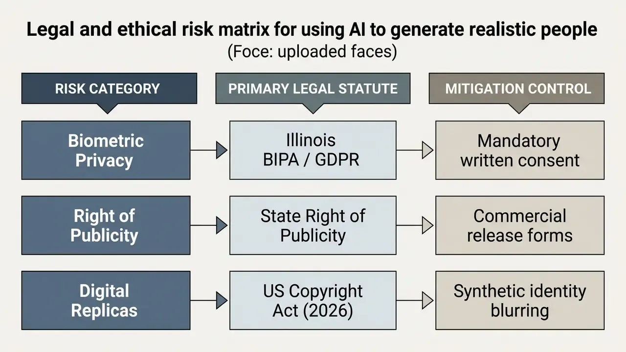 Table mapping risk categories to legal statutes and mitigation controls for synthetic face generation
