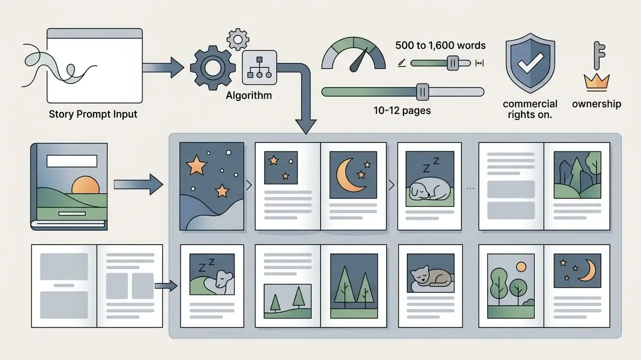 Process flow showing story prompt input and settings for generating a picture book with multiple pages