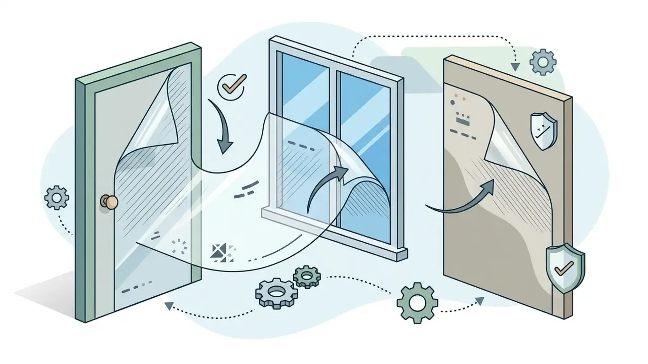 Adhesive film being applied to a door, window, and wall with gear icons indicating a smooth installation process
