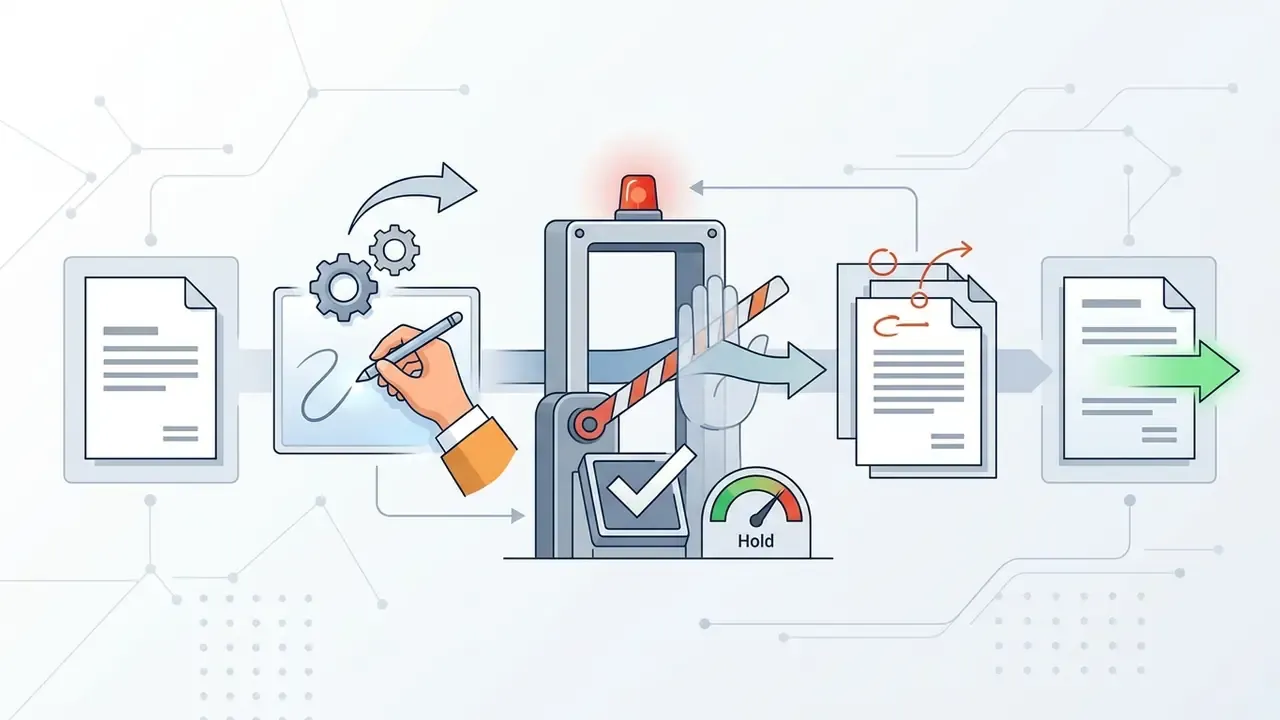Hand signing a document that passes through a security gate with a checkmark and a hold gauge