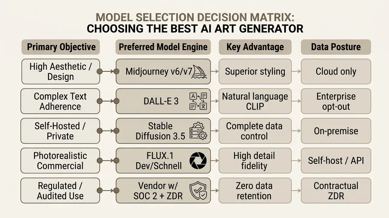 Comparison table mapping creative objectives to specific model engines, key advantages, and data postures