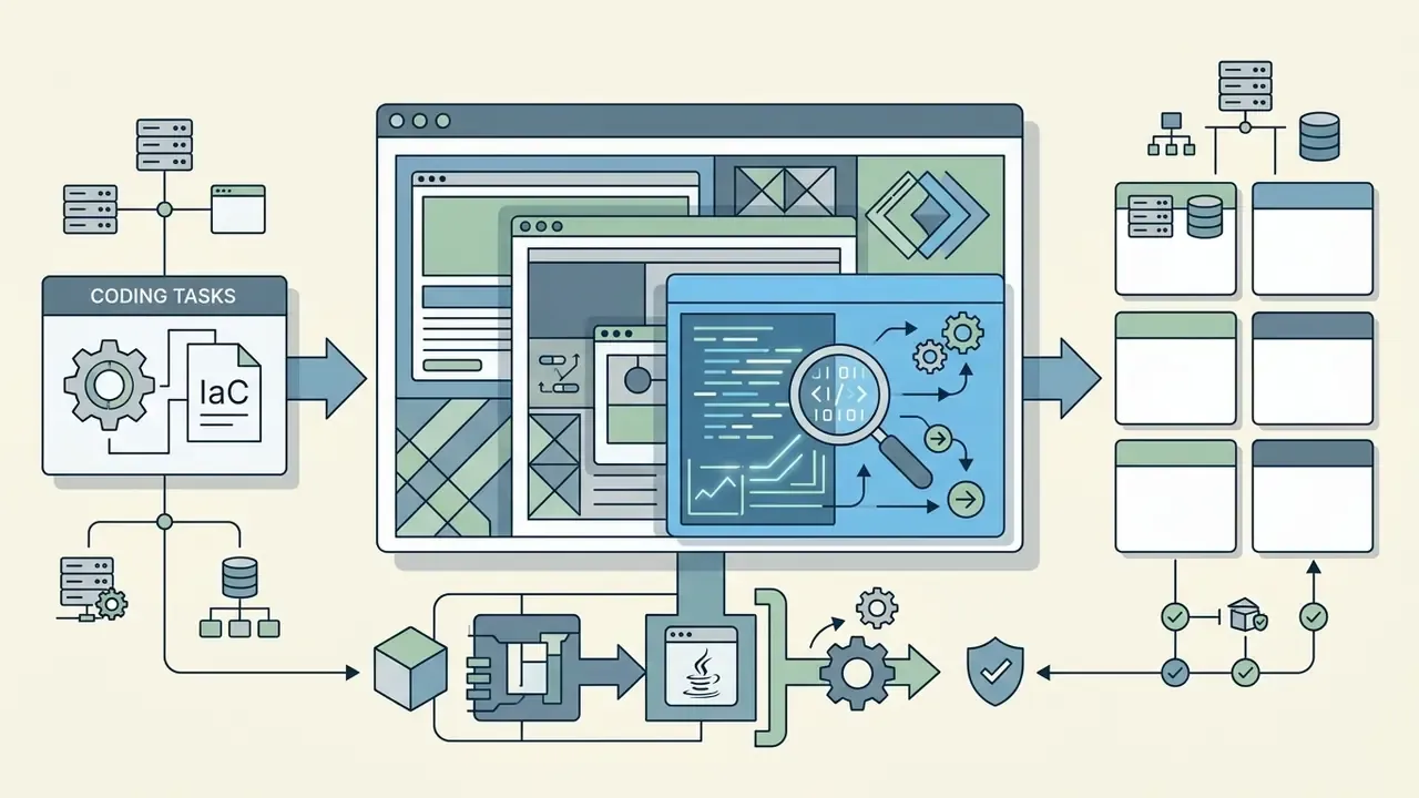 Infrastructure as Code tasks flowing into a browser interface with Java and security scanning icons