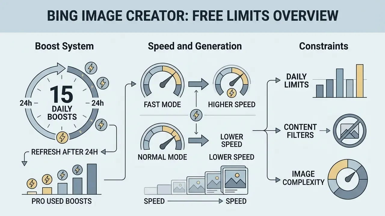 Diagram showing how Bing Image Creator boosts affect generation speed and daily usage constraints