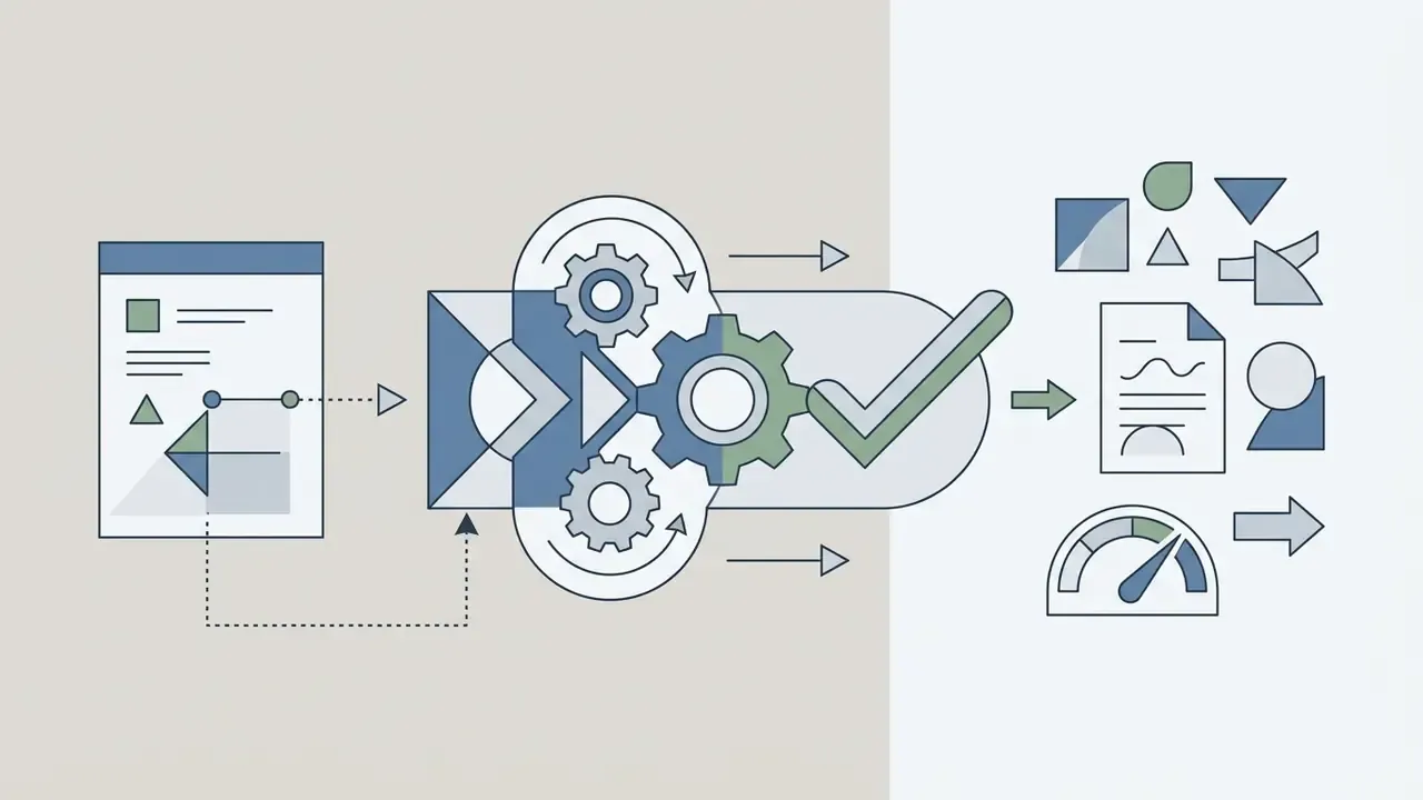 Document with geometric shapes feeding into a gear mechanism that outputs vector icons and a gauge