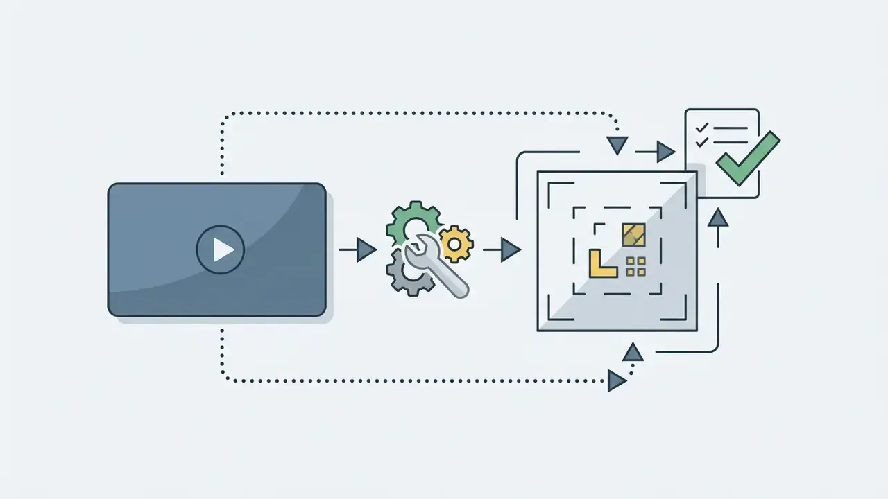 Video file moving through adjustment tools to a square frame with a completed checklist icon