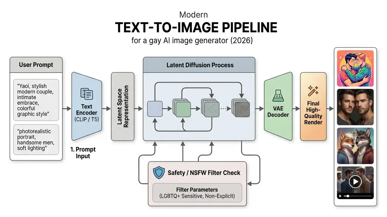 Flowchart displaying the technical stages from user prompt input to final rendered gay AI images
