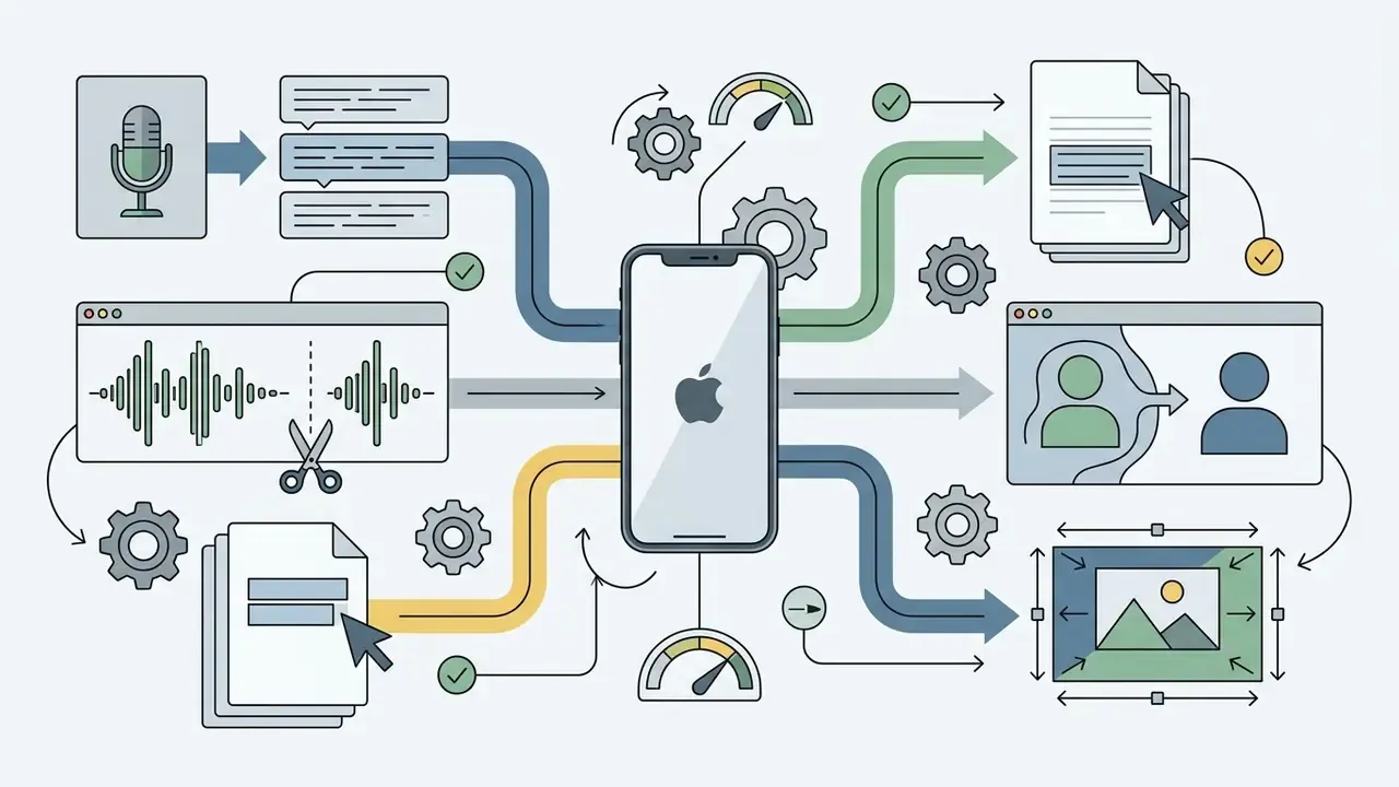 Central mobile device connected to icons representing AI video editing features like captioning and reframing