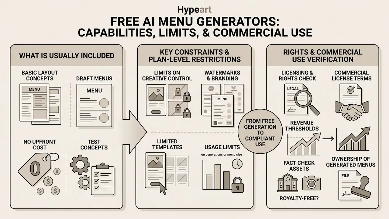 Infographic detailing features, plan constraints, and commercial licensing requirements for menu design tools