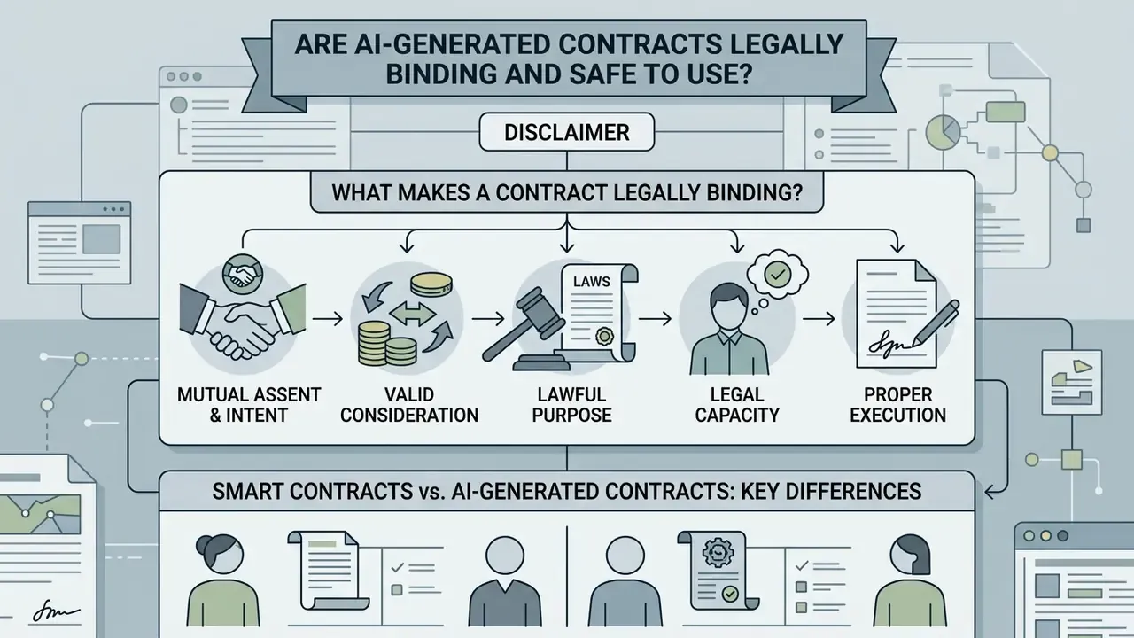 Infographic outlining legal requirements for binding agreements and comparing smart versus automated contracts
