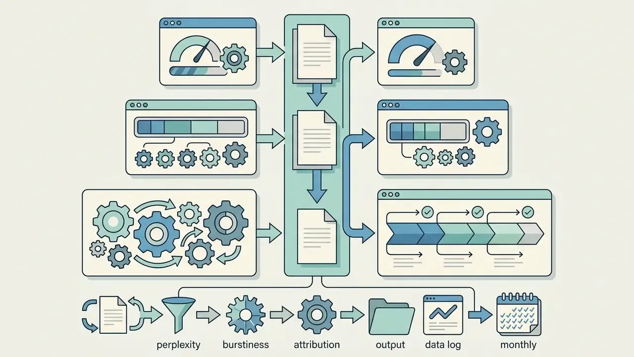 Diagram showing document processing stages through gears and gauges to track monthly usage limits
