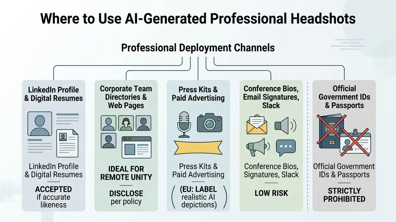 Flowchart showing appropriate and prohibited professional deployment channels for AI headshots