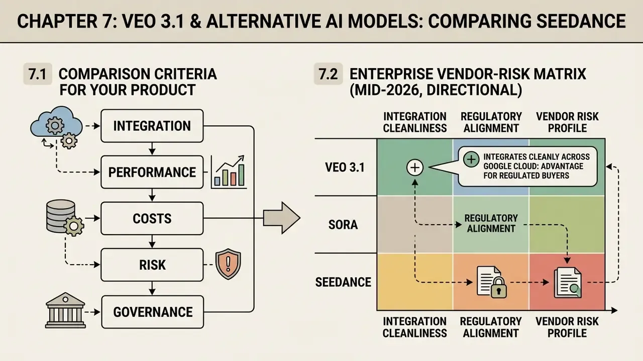 Decision flow and enterprise vendor risk matrix comparing Veo 3.1, Sora, and Seedance models