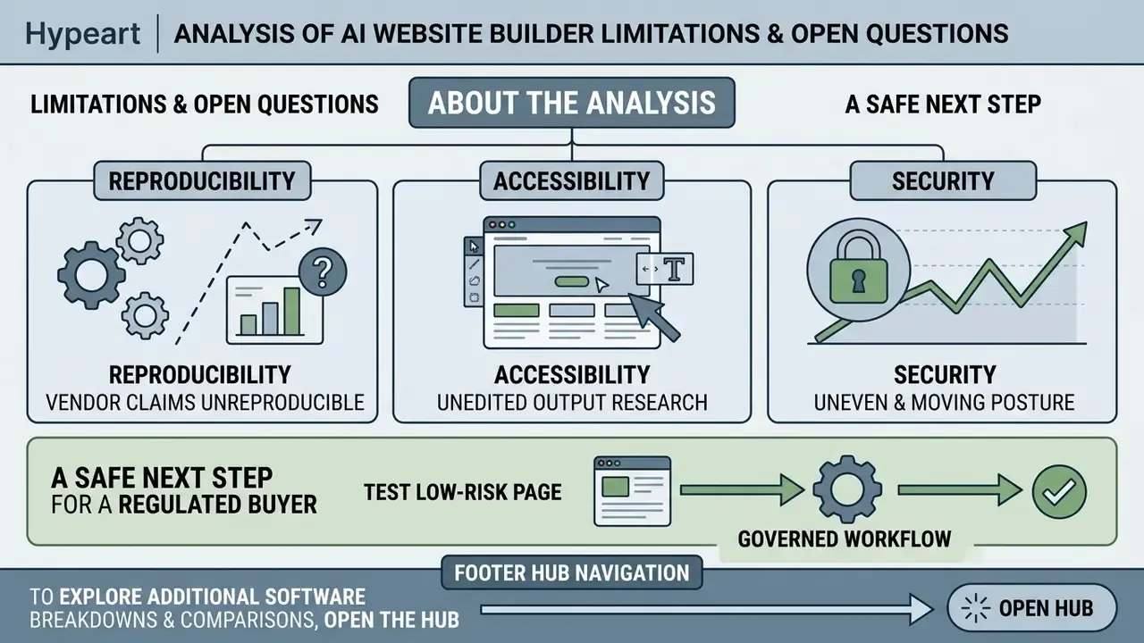 Infographic outlining challenges in AI website creator reproducibility, accessibility, and security