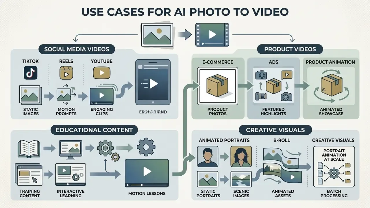 Flowchart showing how free AI photo to video tools create social, e-commerce, and educational content