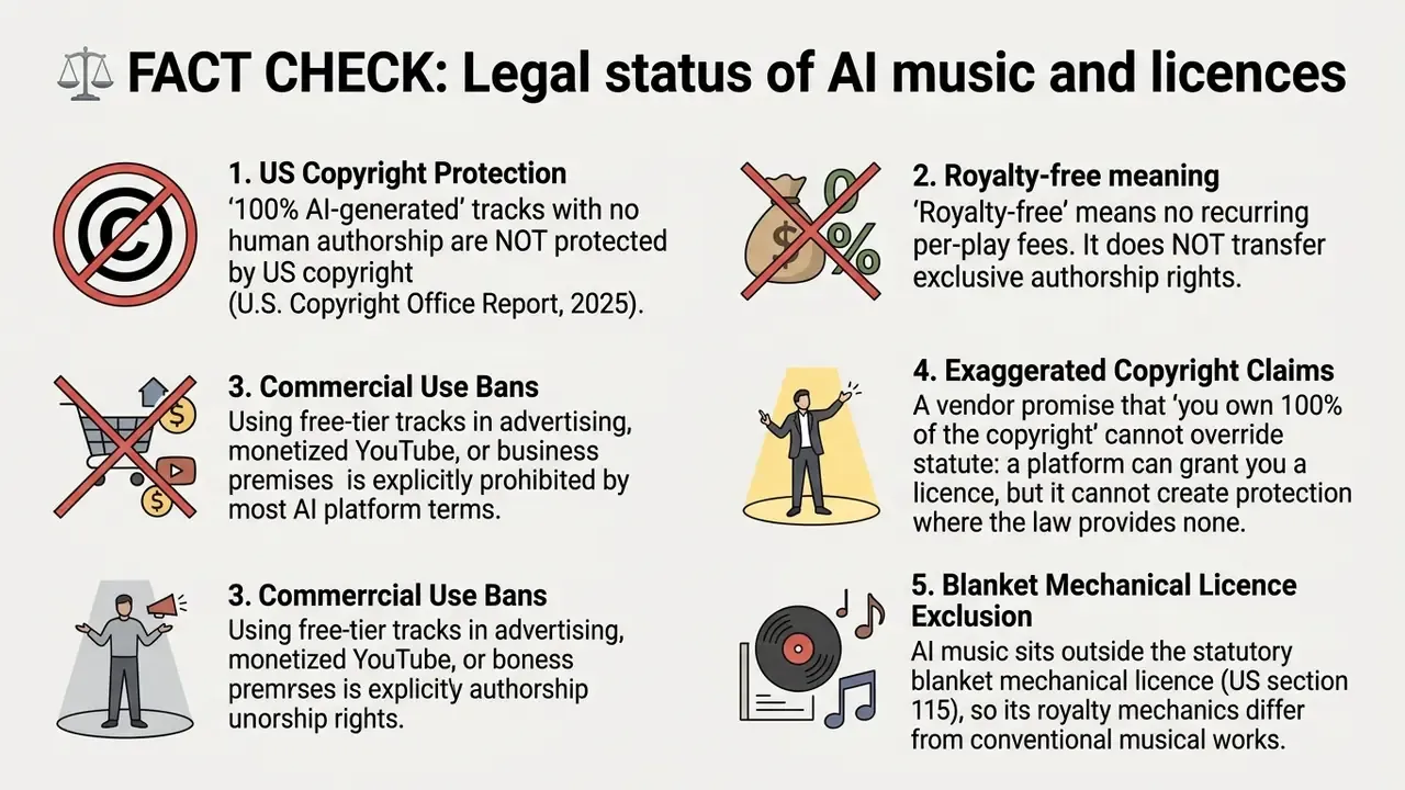 List of legal facts regarding copyright and licensing restrictions for an AI song generator