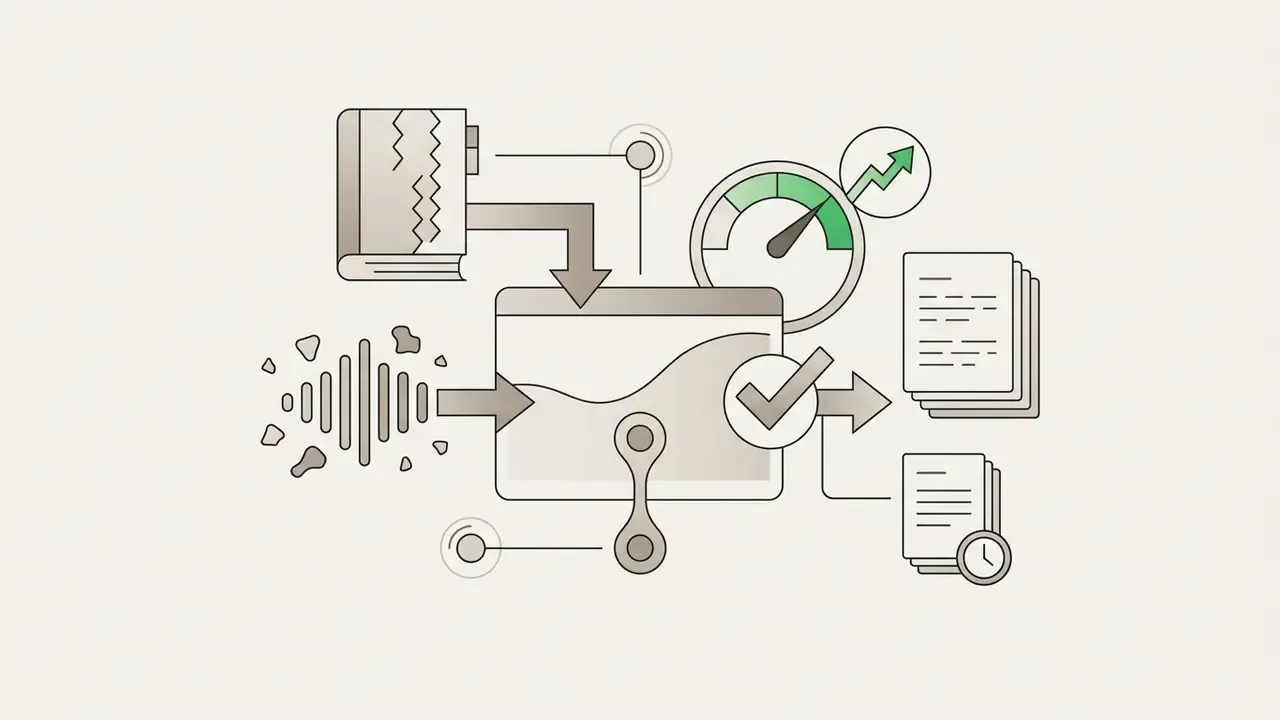 Icons representing audio processing, dictionary lookup, performance metrics, and accurate file output