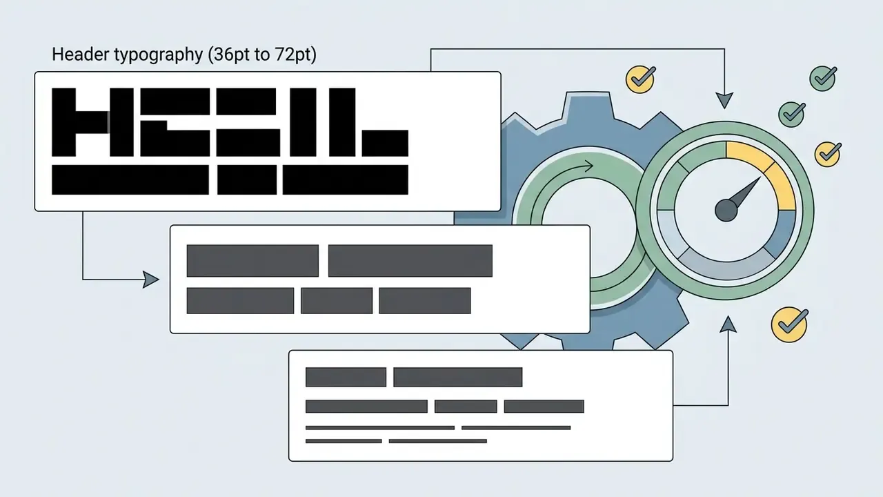 Stacked text blocks with a gear and gauge icon indicating optimized visual hierarchy for typography
