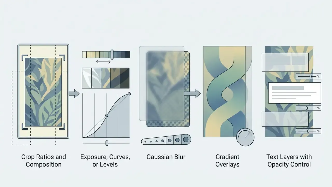 Sequence showing editing tools like cropping, exposure adjustment, blur, gradients, and text opacity