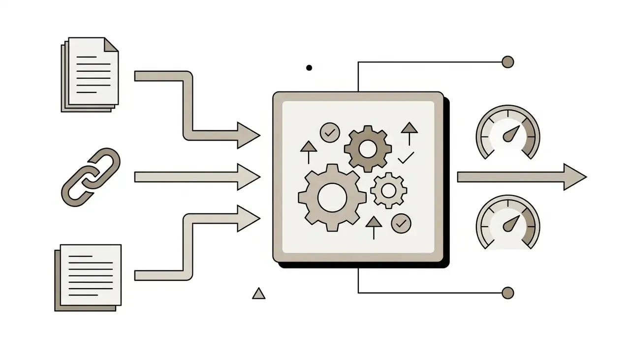 Documents and links feeding into a central processing module with gears and output gauges