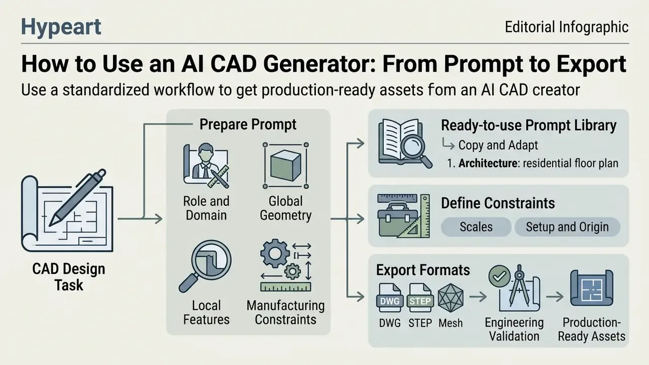 Workflow diagram detailing prompt preparation, constraint definition, and technical file export steps