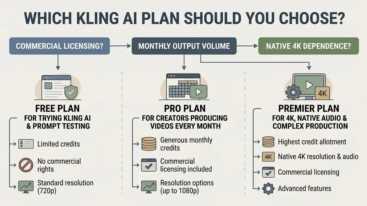 Decision tree comparing Kling AI plans based on commercial rights, output volume, and 4K resolution needs