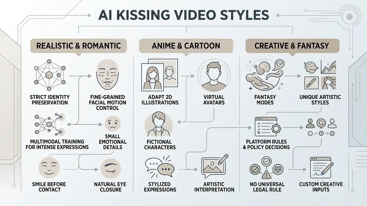 Diagram showing three categories of digital video generation including realistic, anime, and creative styles