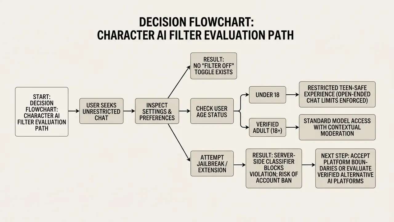 Flowchart outlining the decision process for navigating Character AI content moderation settings