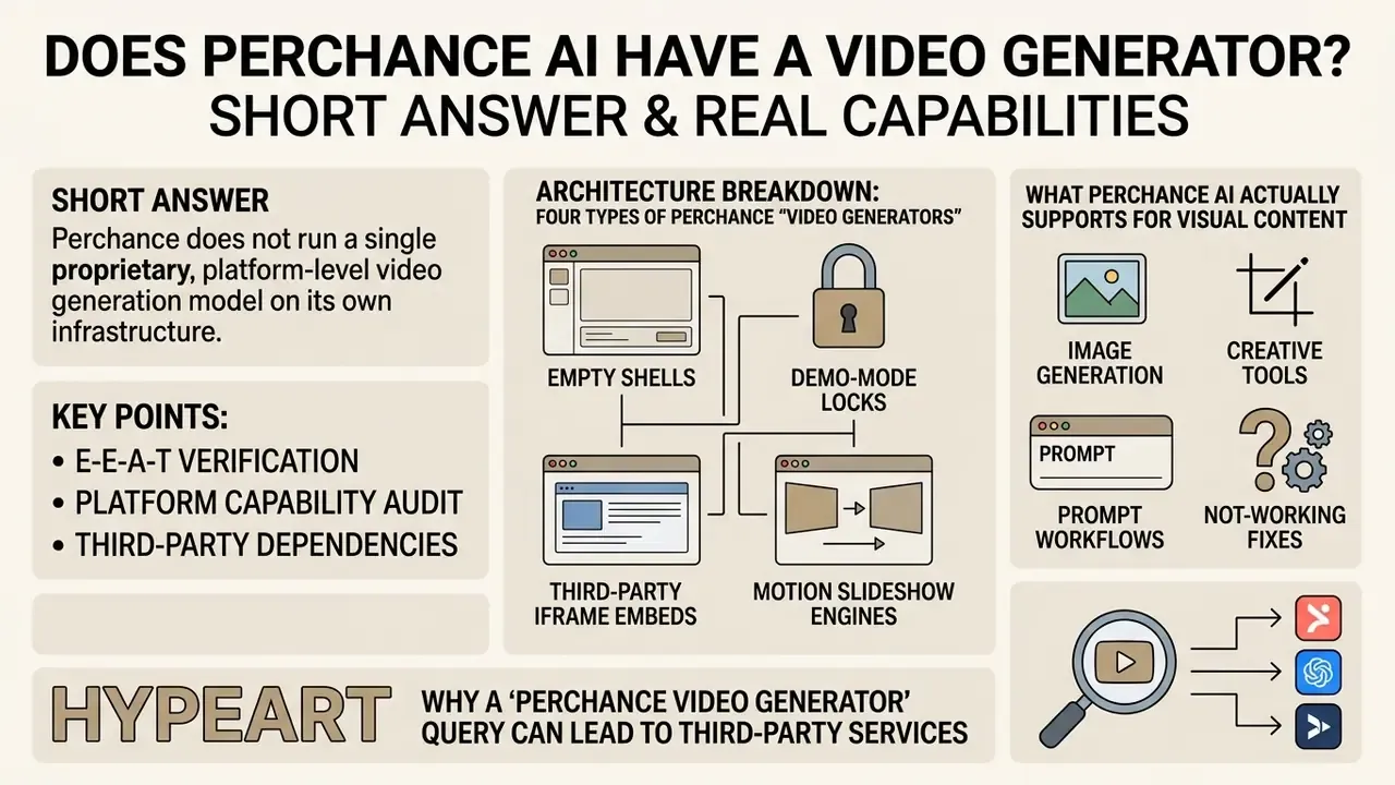 Infographic explaining that Perchance AI lacks native video generation and relies on third-party tools
