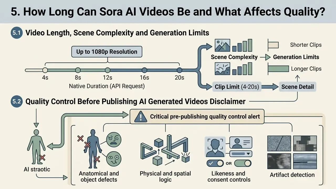 Infographic showing Sora AI video duration limits and quality control checks for anatomical and spatial accuracy