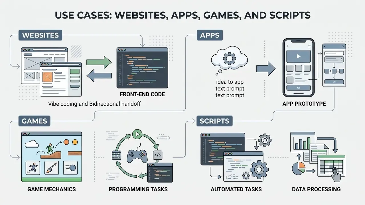 Diagram mapping development workflows for websites, mobile apps, game mechanics, and automated scripts