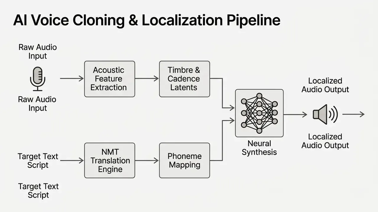 Technical flowchart showing the AI voice cloning process for video dubbing online free