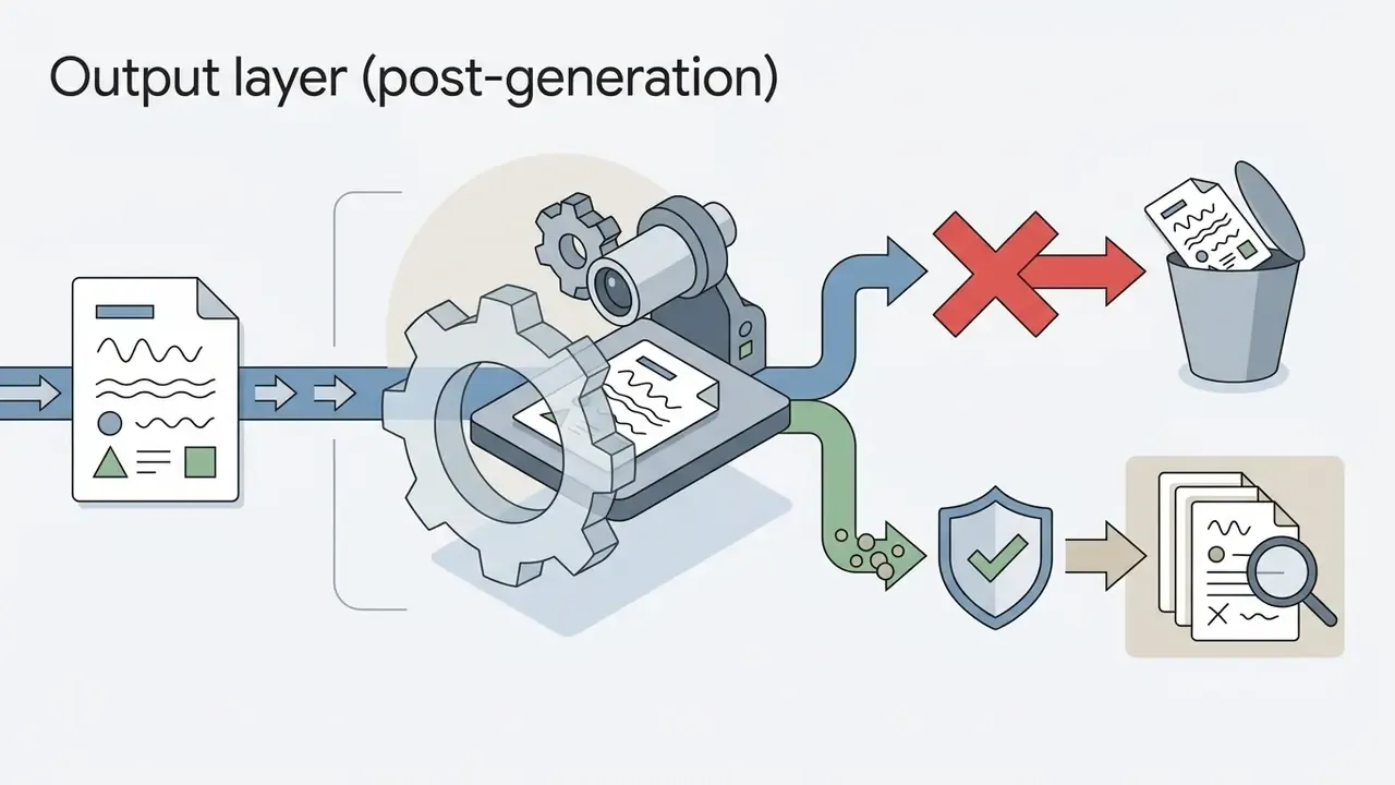 Document moving through a gear scanner to be sorted into a trash bin or a safety review queue