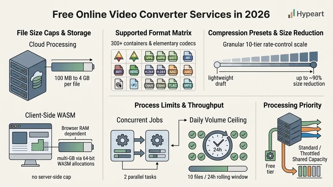 Summary of technical specifications for file size limits, format support, and processing throughput