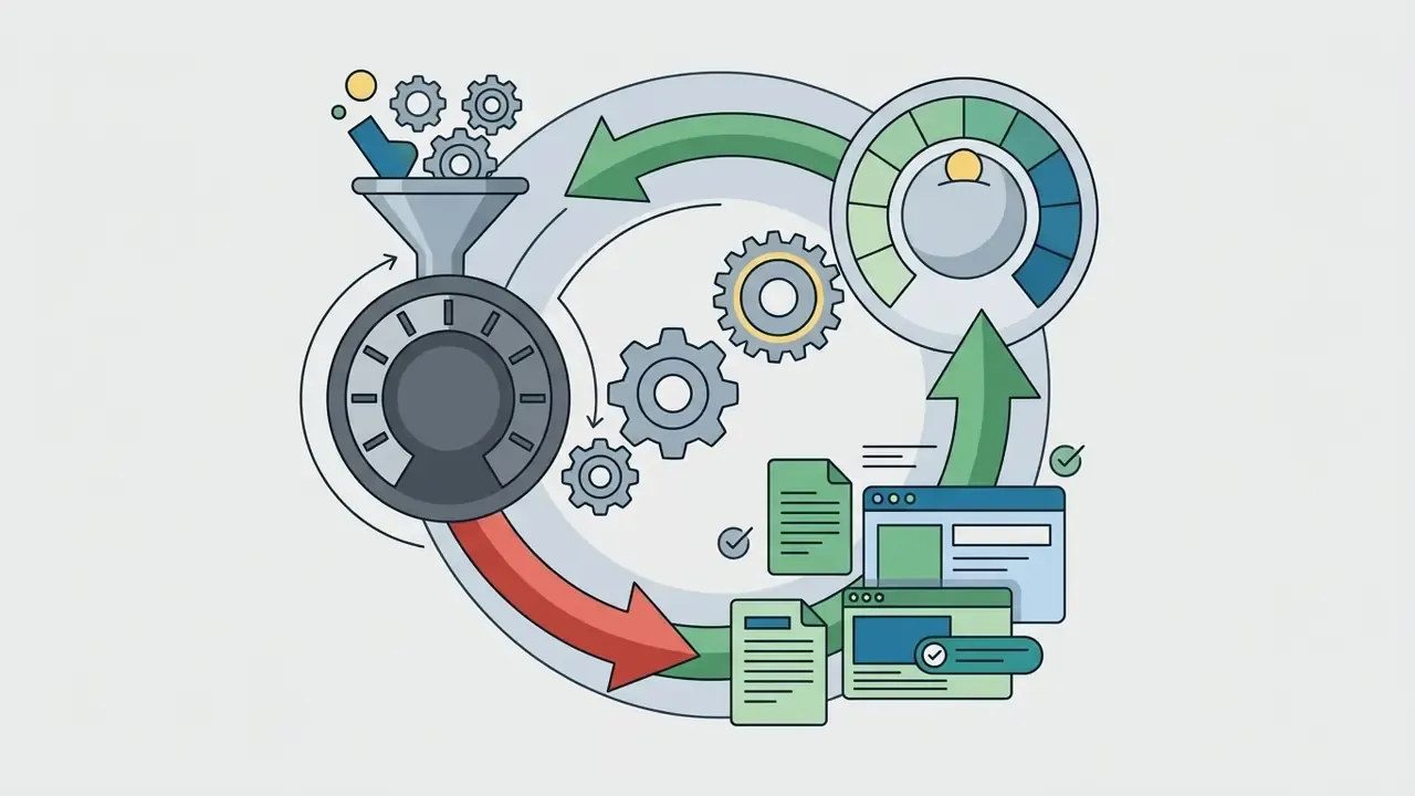Circular cycle of gears and documents representing the Bing Image Creator reward points loop