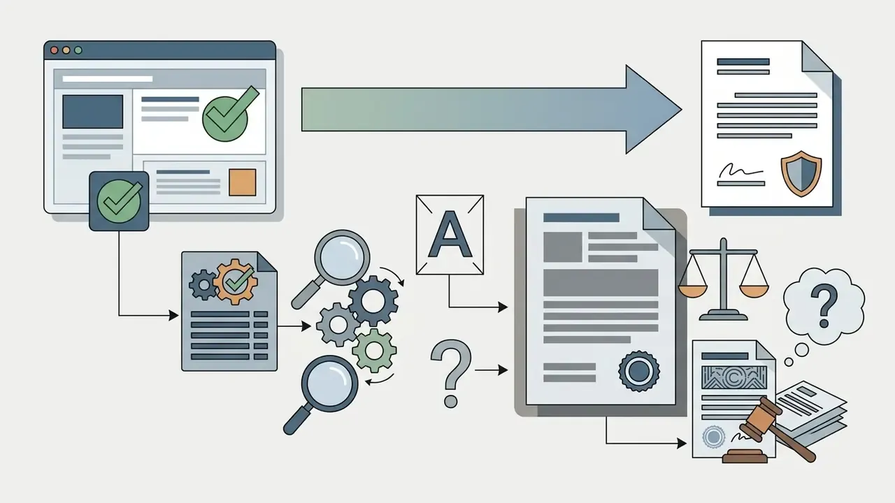 Workflow showing digital training completion data moving toward legal review and compliance documentation