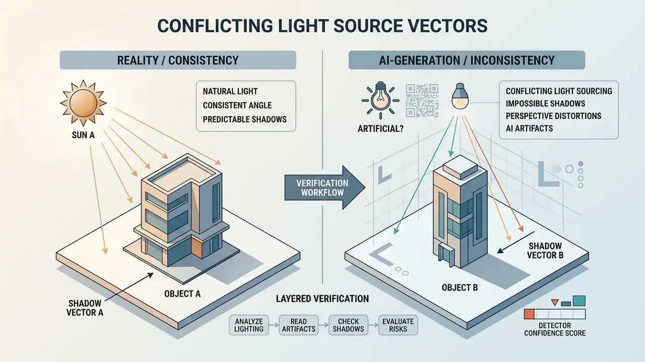 Comparison diagram showing consistent natural lighting versus inconsistent artificial light vectors