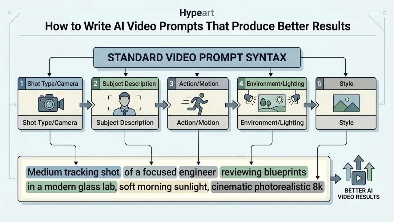 Structured guide showing the five key components of a standard video prompt for generating AI videos