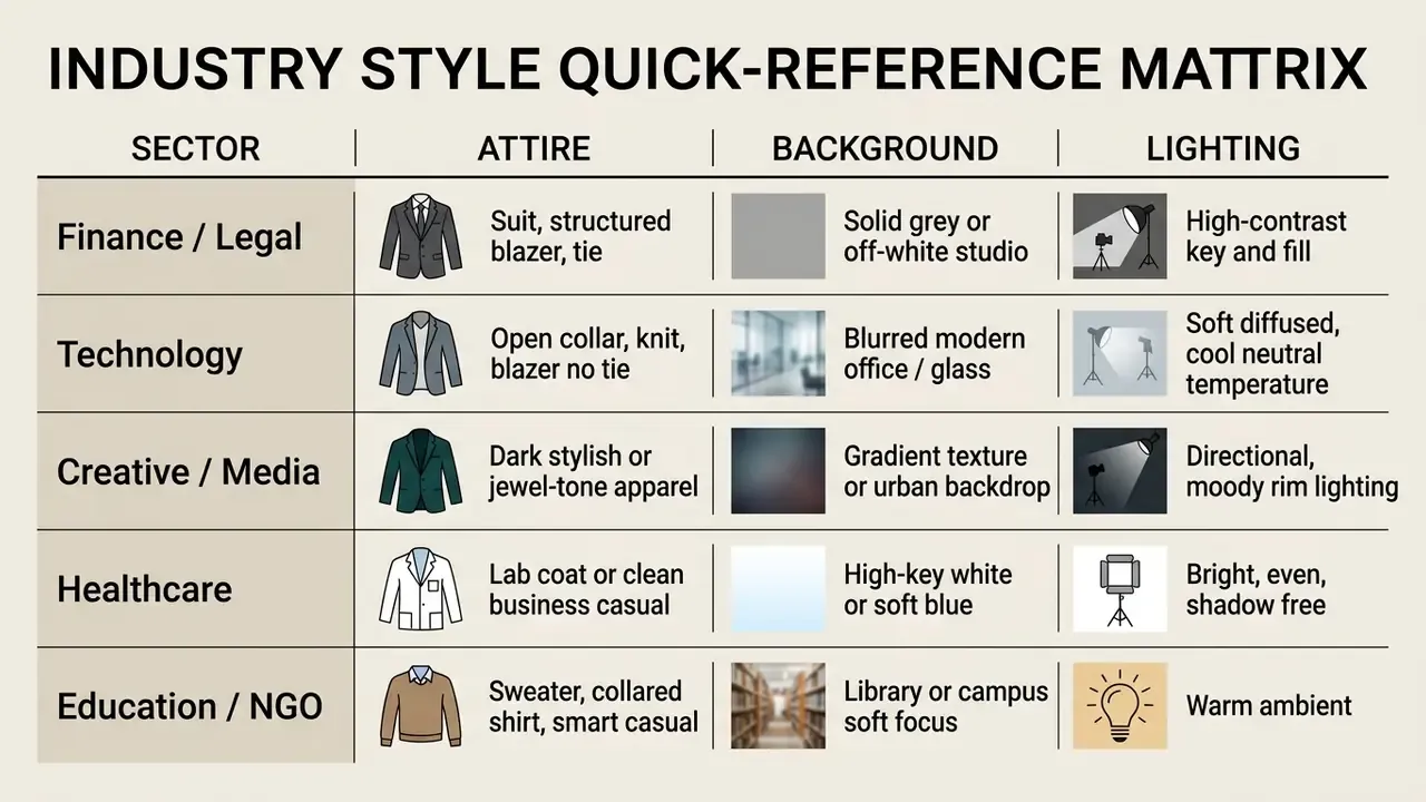 Table comparing professional attire, background, and lighting styles across five different industry sectors