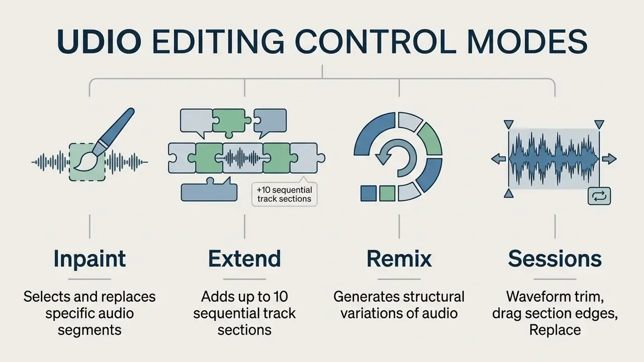 Diagram illustrating Udio audio editing modes including Inpaint, Extend, Remix, and Sessions controls