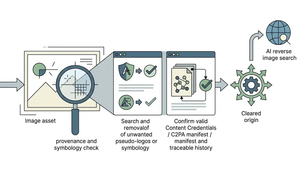 Magnifying glass inspecting image assets for logos and C2PA credentials before verifying origin