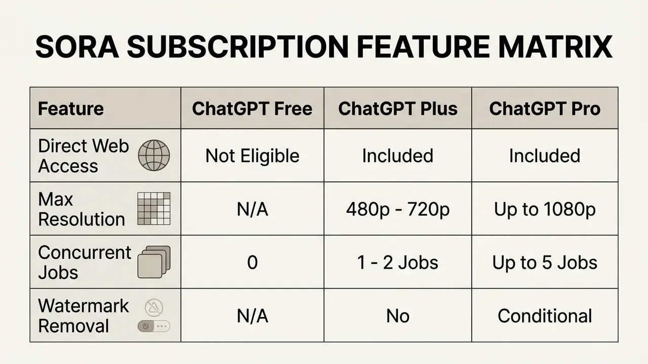 Comparison table outlining Sora feature availability and performance across different subscription tiers