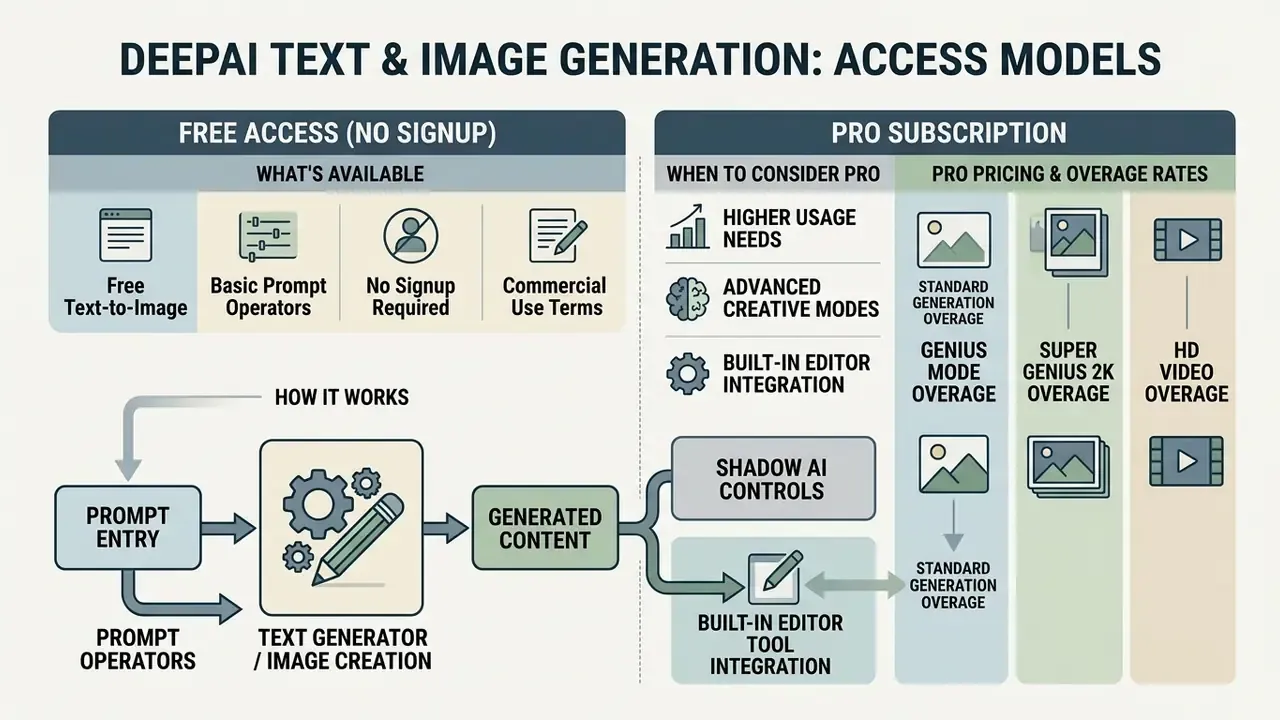 Comparison chart of DeepAI free access features and Pro subscription pricing and usage models