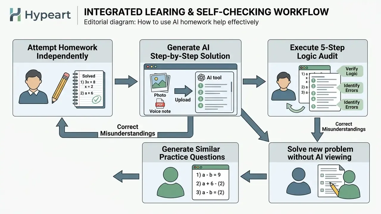 Diagram showing a multi-step workflow for using an AI homework helper to support independent learning