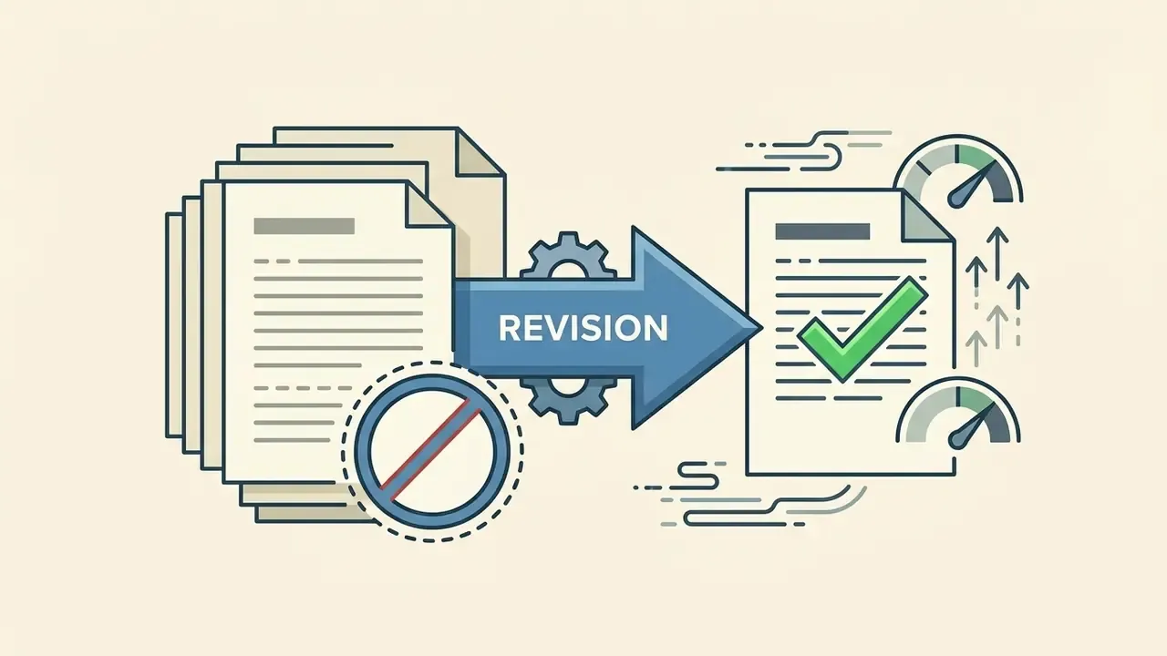 Stack of papers moving through a gear-driven revision arrow to become a finalized document with a checkmark