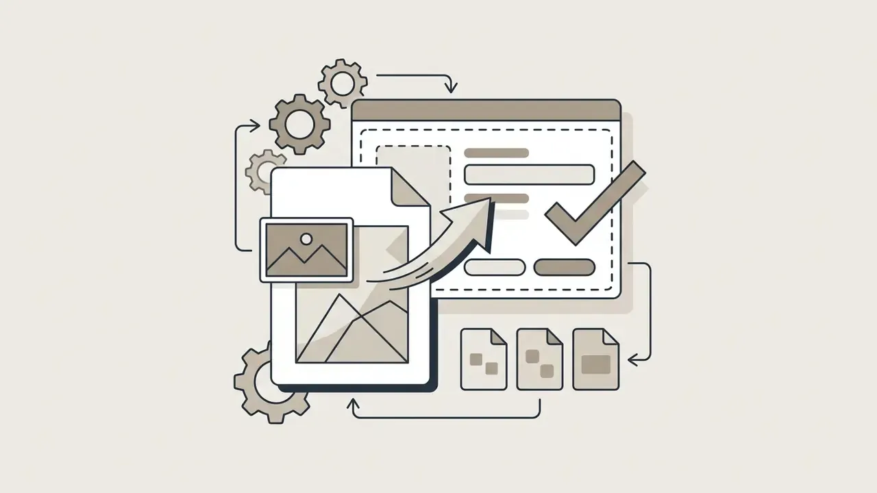Document icon being uploaded into a web interface with gears representing an image to video AI process
