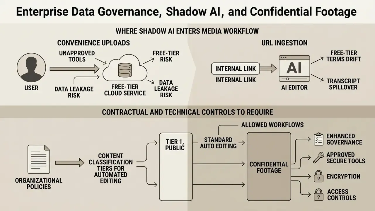 Infographic showing risks of shadow AI in media workflows versus required controls for auto video editor