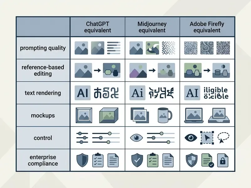 Matrix comparing ChatGPT, Midjourney, and Adobe Firefly across six functional image generation categories