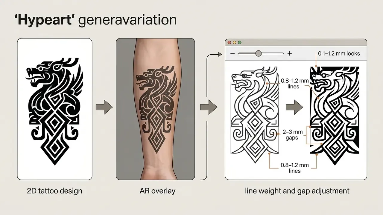 Process showing a 2D tattoo design mapped onto an arm followed by technical line and gap adjustments