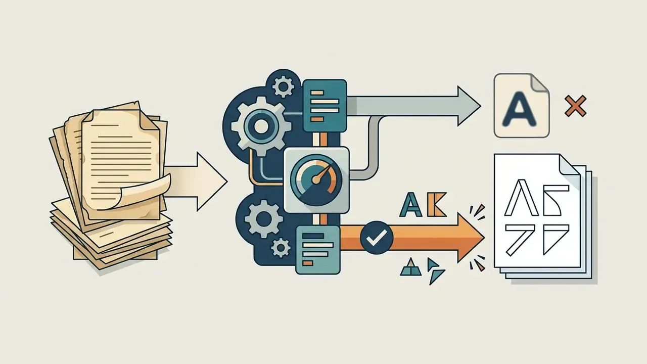 Stack of paper documents feeding into a mechanical processor that reconstructs letter glyphs for output